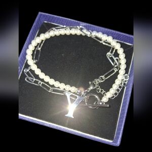 NWT Faux Pearl and Silvertone Paper Clip Fusion Choker Collar Necklace